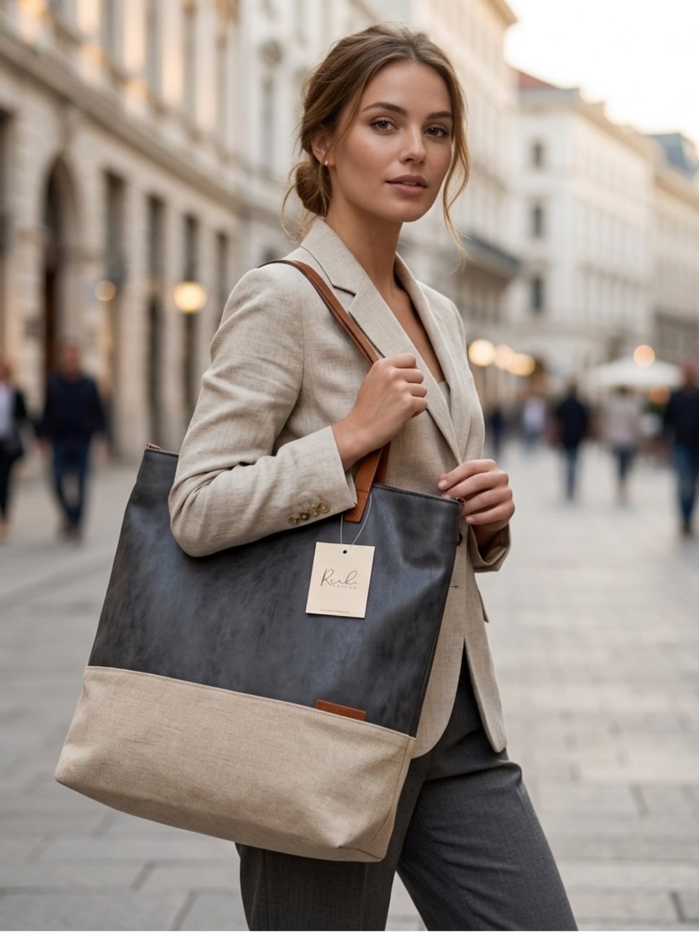 Riah Fashion Two-Tone Black & Beige Leather Tote Bag